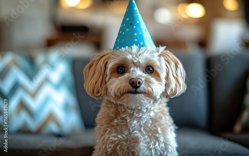 Cute dog wearing a party hat celebrates a special occasion indoors with festi...