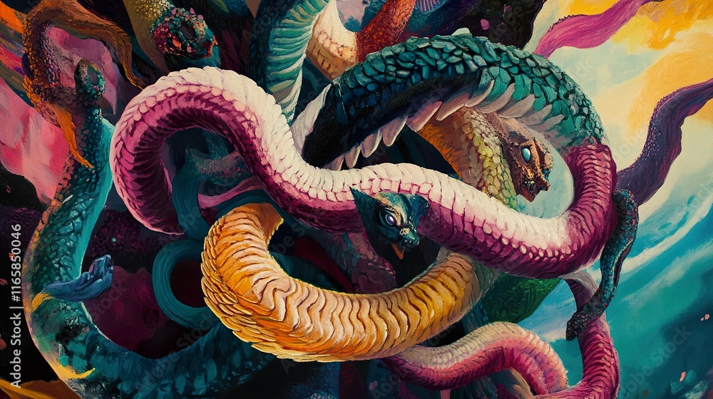 Fototapeta premium Surreal Colorful Snakes: A Fantasy Painting