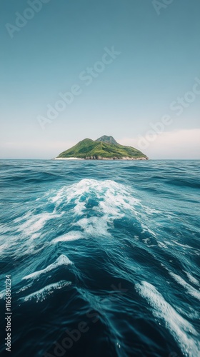 Serene island in clear blue waters under bright skies
