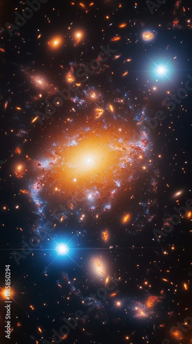 Stunning view of a galaxy cluster with bright stars and cosmic phenomena in d...