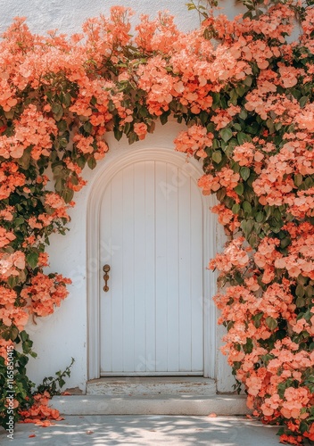 Charming white door adorned with pink flowers in a quaint setting during spri...