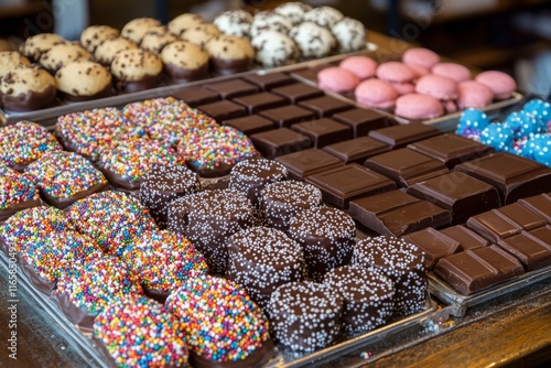 Assortment of delicious chocolate treats displayed on a wooden surface during...