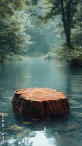Floating log in clear turquoise water with smooth pebbles below