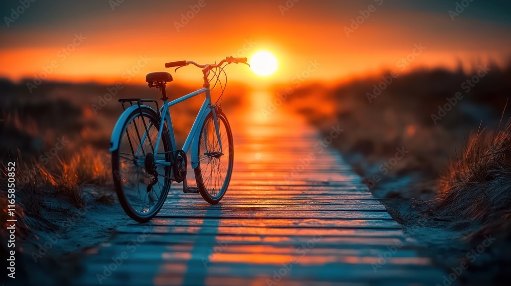 Fototapeta premium A light blue bicycle stands on a wooden boardwalk path at sunset. Golden sun rays illuminate the scene.