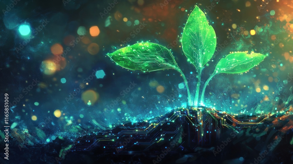 Fototapeta premium A conceptual illustration depicting the growth of a futuristic plant intertwined with technology, symbolizing the fusion of nature and innovation