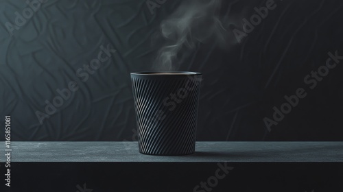 Hot beverage steaming in a textured black cup on a dark background at evening...