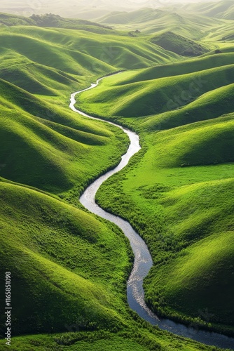 Flowing river winds through lush green hills in a tranquil landscape