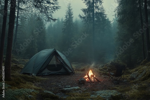 Camping under a misty forest sky with a glowing campfire