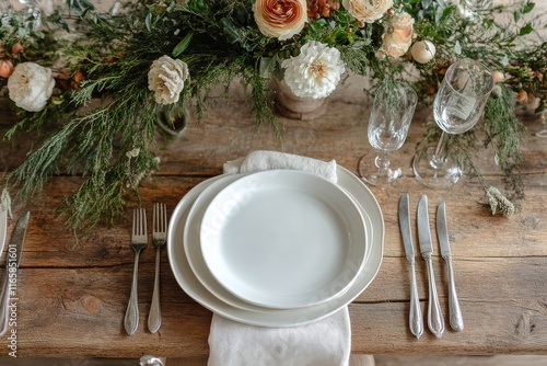 Elegant dining setup with flowers and glassware in a serene garden view resta...