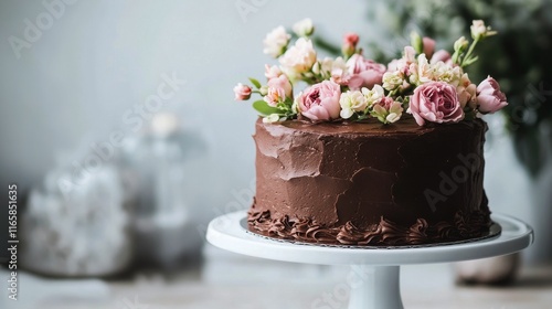 Delicious chocolate cake decorated with fresh flowers on a white cake stand