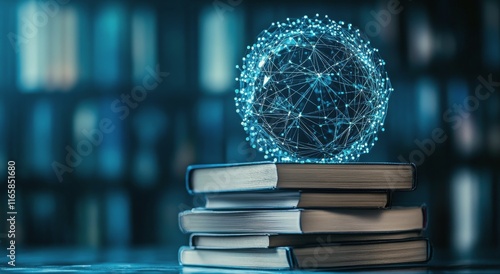 Books stacked with a glowing digital globe symbolizing knowledge and connecti...
