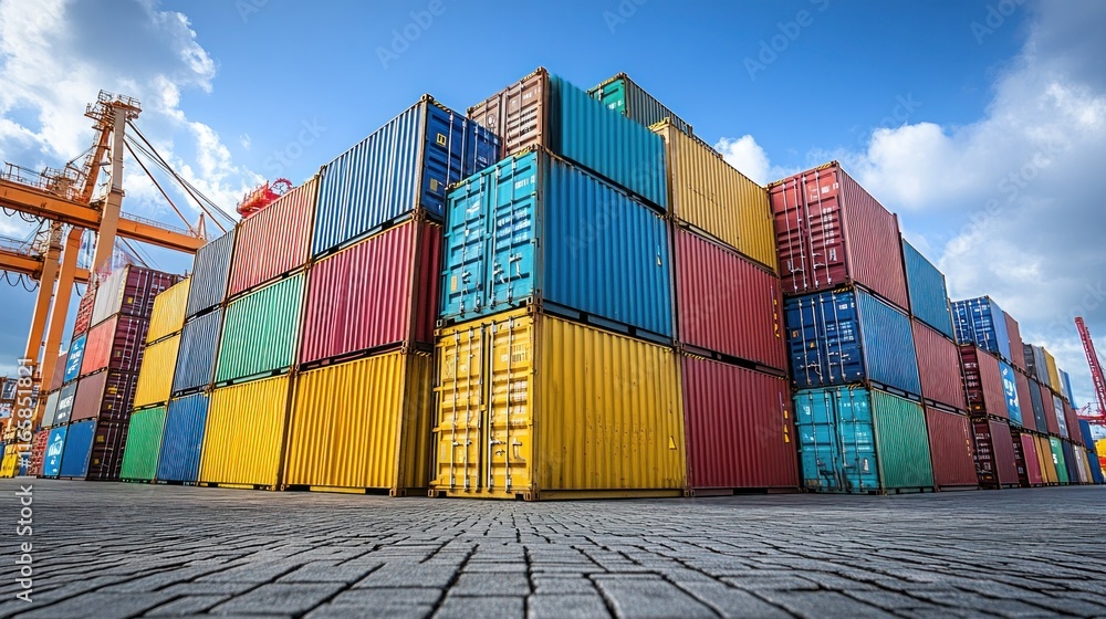 Fototapeta premium A dynamic shot of a series of stacked containers in a bustling shipyard
