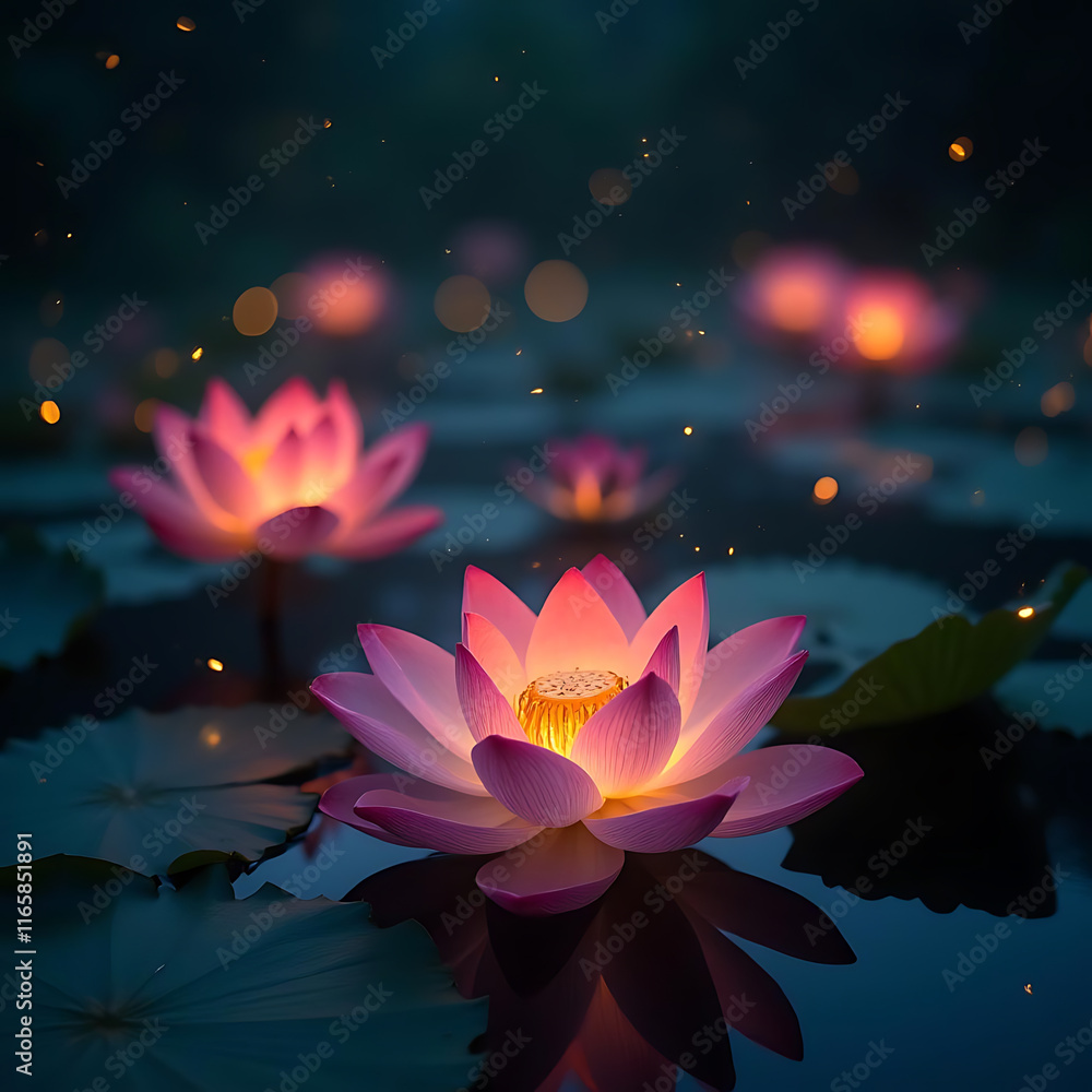 Serenity in the Lotus Pond: A Tranquil Evening with Graceful Blooms Illuminated by Soft Lights Serenity in the Lotus Pond: A Tranquil Evening with Graceful Blooms Illuminated by Soft Lights