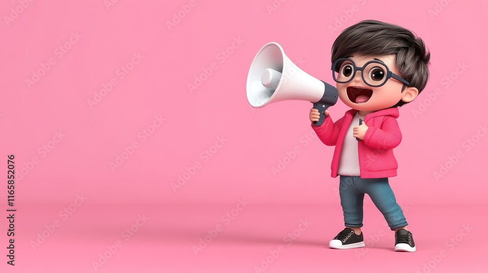 A cheerful child with a megaphone on a pink background. A cheerful child with a megaphone on a pink background.