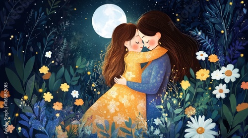 Mother and daughter embrace in a garden under the moonlight surrounded by col...