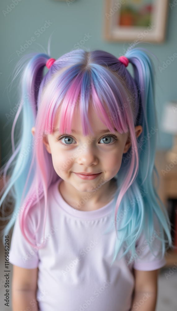 A playful little girl with enchanting light blue, pink, and lilac hair, radiating a sense of joy and creativity, embodying the spirit of childhood exploration and wonder. A playful little girl with enchanting light blue, pink, and lilac hair, radiating a sense of joy and creativity, embodying the spirit of childhood exploration and wonder.