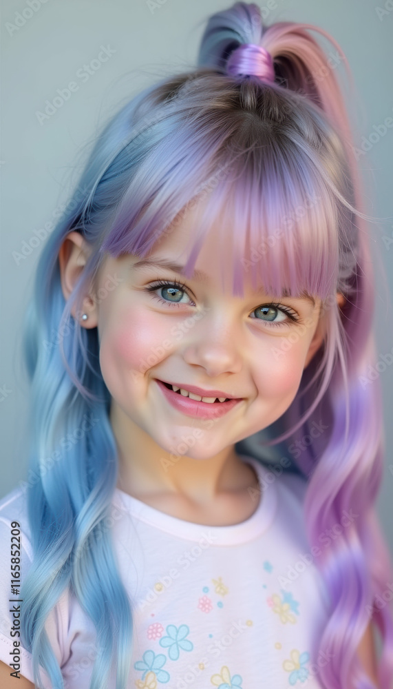 A charming little girl with light blue, pink, and lilac hair radiating energy and joy, capturing the playful essence of her imaginative world. A charming little girl with light blue, pink, and lilac hair radiating energy and joy, capturing the playful essence of her imaginative world.