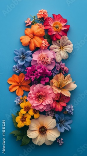 Colorful arrangement of various flowers against a blue background showcasing ...