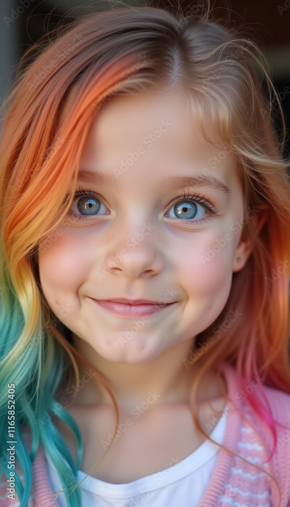 A lively little girl with cheerful rainbow hair, capturing the spirit of youthful joy and imagination, showcasing her vibrant personality with a delightful hairstyle. A lively little girl with cheerful rainbow hair, capturing the spirit of youthful joy and imagination, showcasing her vibrant personality with a delightful hairstyle.