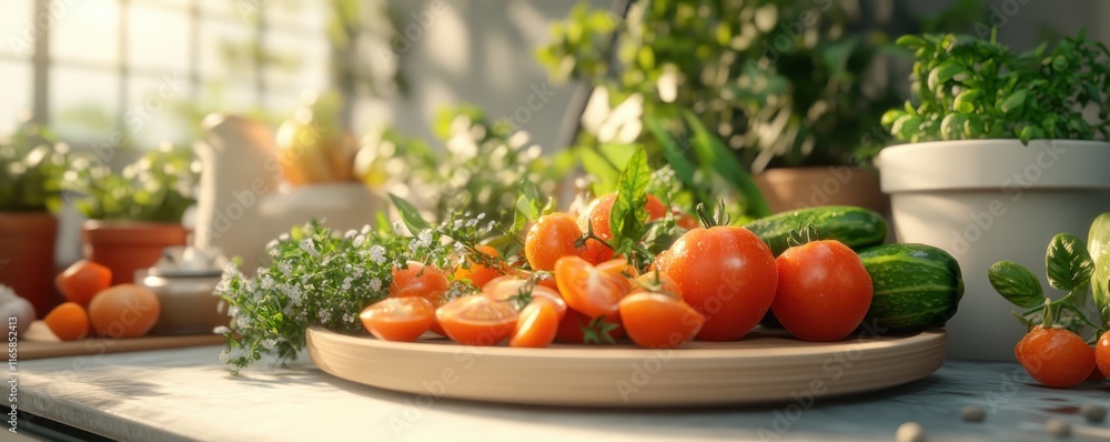 Fresh vegetables and herbs captured indoors, Springtime Joy Blooming Serenity is not present here, Instead find a kitchen counter with tomatoes, cucumbers, garlic, and leafy greens on a cutting Fresh vegetables and herbs captured indoors, Springtime Joy Blooming Serenity is not present here, Instead find a kitchen counter with tomatoes, cucumbers, garlic, and leafy greens on a cutting