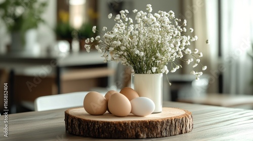 Simple breakfast table setting with eggs and candle surrounded by flowers