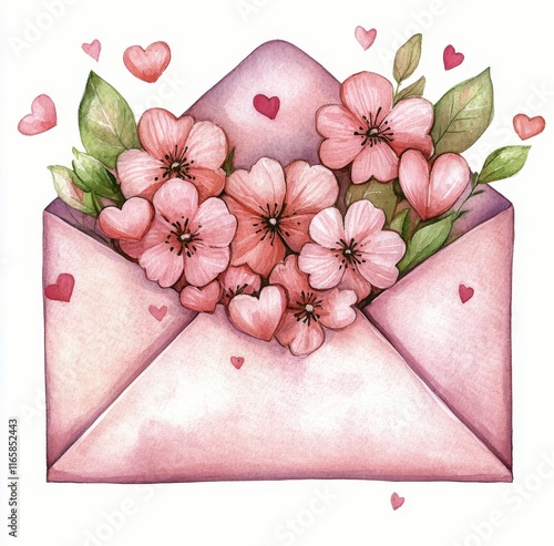 Beautiful envelope filled with pink flowers and hearts for a heartfelt message
