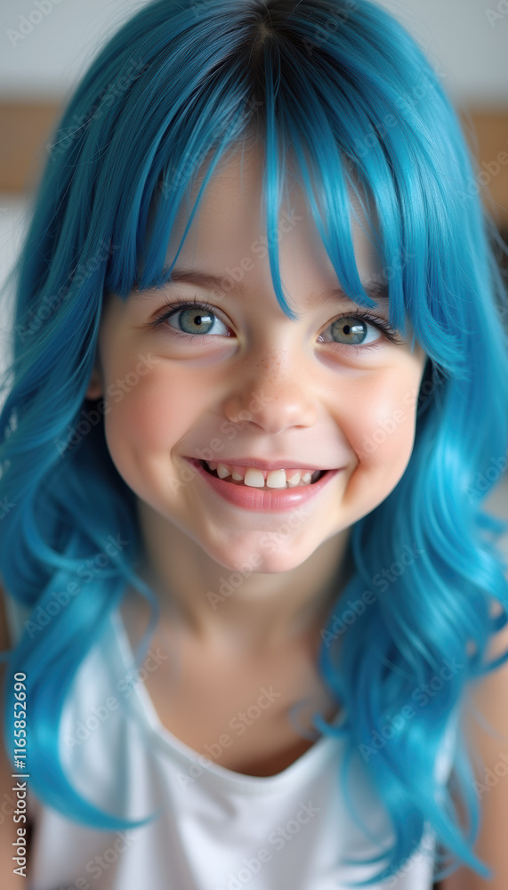 Fototapeta premium A vibrant little girl with light blue hair, capturing the essence of joy and creativity, playfully illustrating the fun and innocence of childhood.