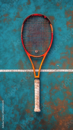 Tennis racket rests on court during golden hour with soft light filtering thr...