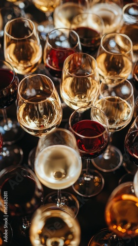Elegant arrangement of wine glasses showcasing various wines at a stylish tas...
