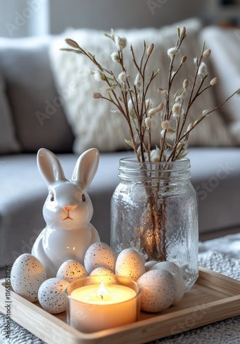 Decorative Easter arrangement with rabbit, eggs, and candle on a cozy table s...