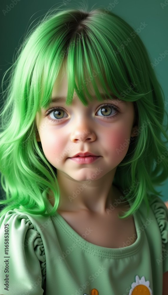 Fototapeta premium A joyful little girl with beautiful green hair, radiating playful charm and capturing the essence of childhood wonder and creativity.