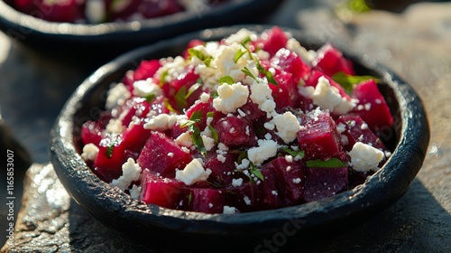 Fresh beet salad with feta and herbs served in a modern black bowl