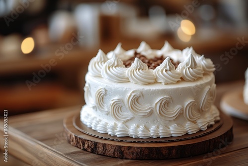 Beautifully decorated white cake on wooden table in cozy kitchen setting