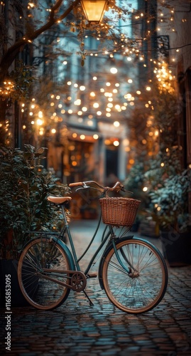 Charming bike with wicker basket in a beautifully lit alley during evening hours