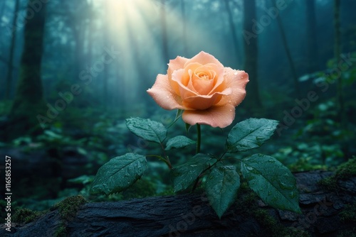 Witness a radiant sunbeam breaking through a dense forest, a powerful symbol of hope, illuminating a blooming rose, an emblem of resurrection, light, and miraculous redemption in this captivating photo