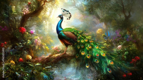 Vibrant Peacock Displaying Feathers in Lush Garden Light