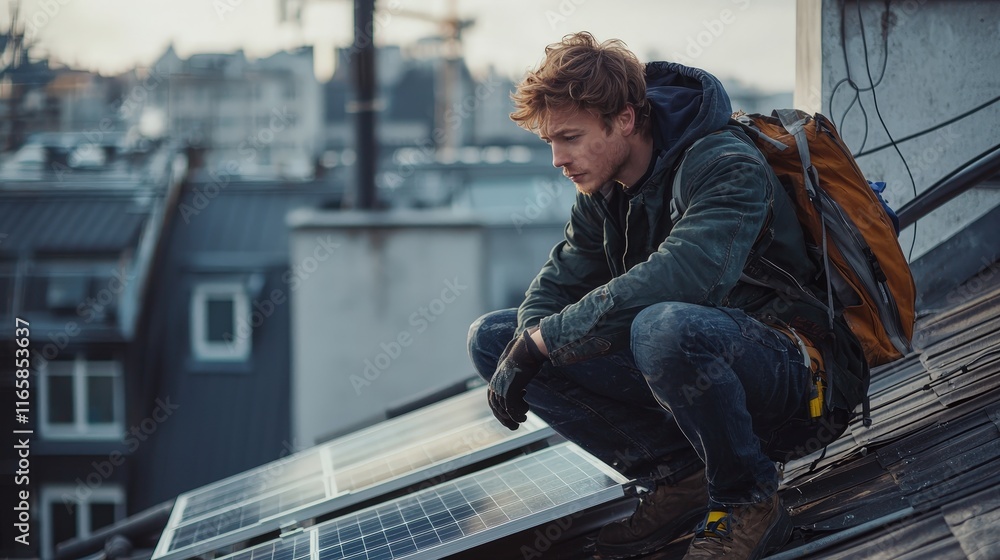 Young Caucasian man inspecting solar panels on a rooftop in an urban setting, focused and determined. Perfect for themes of renewable energy, sustainability, and modern technology. Young Caucasian man inspecting solar panels on a rooftop in an urban setting, focused and determined. Perfect for themes of renewable energy, sustainability, and modern technology.
