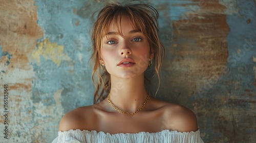 Natural light illuminates a woman with elegant jewelry in a rustic setting
