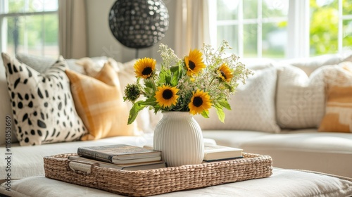 Bright and inviting living room decor with sunflowers and cozy seating arrang...
