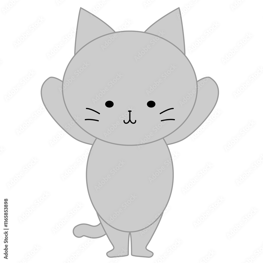 両手を挙げるかわいい灰色猫のイラスト 両手を挙げるかわいい灰色猫のイラスト