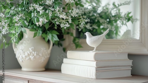 White bird figurine on stacked books beside a floral arrangement in a serene ...