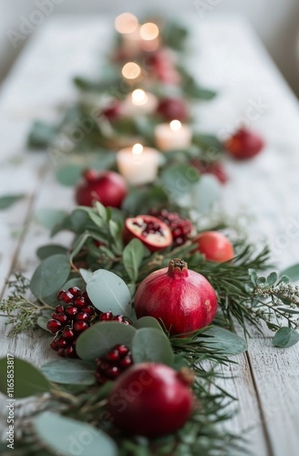Fresh pomegranates and eucalyptus leaves arranged on a rustic wooden surface