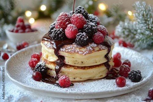 Delicious stack of pancakes topped with fresh berries and chocolate drizzle i...