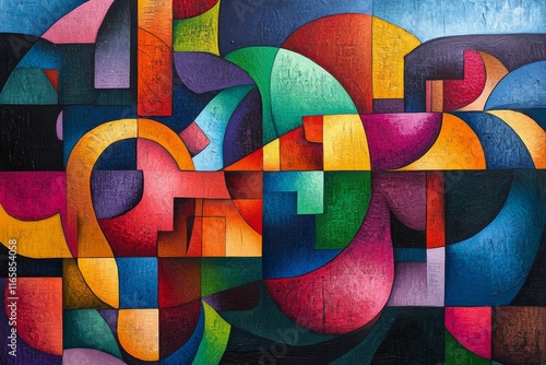 Vibrant abstract artwork featuring colorful geometric shapes and flowing lines