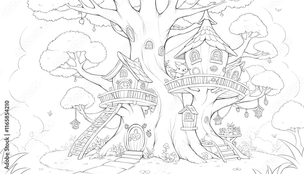 Naklejka premium Enchanted Treetop Houses: A Whimsical Coloring Page