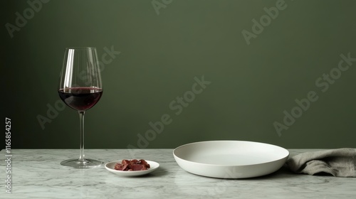 Elegant table setting featuring red wine and gourmet snacks in a minimalist s...
