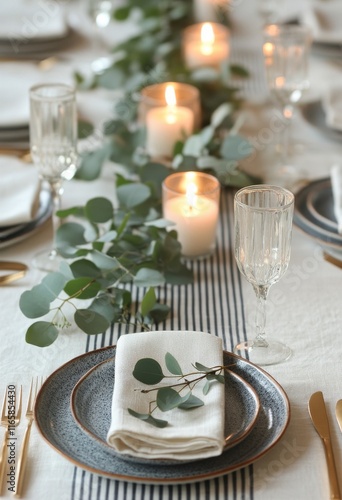 Elegant table setting with greenery and candles for a special dining experience