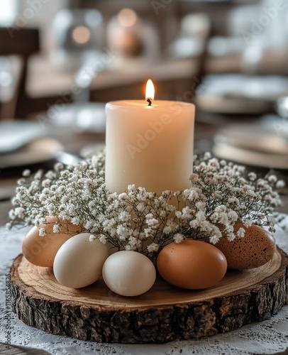 Elegant centerpiece with candles and decorative eggs for a festive table sett...