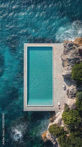 Beautiful cliffside swimming pool overlooking the ocean with clear blue water...