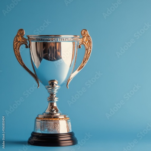 Shiny silver trophy with gold accents on a blue background celebrating achiev...